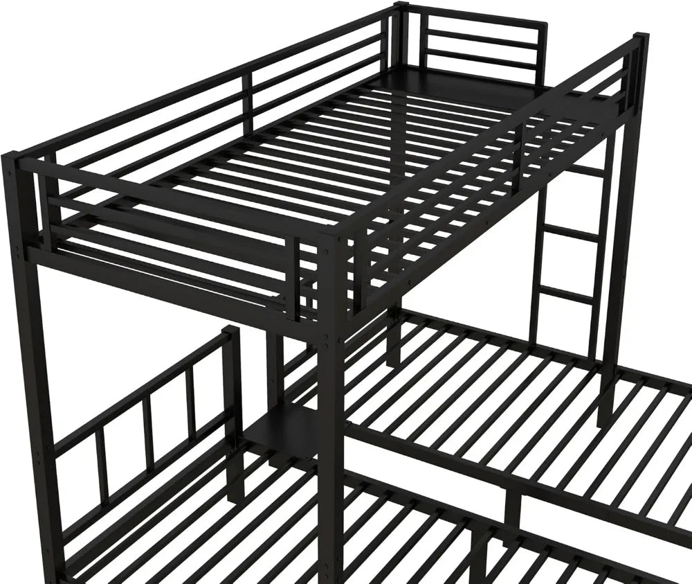 Twin Size Triple Bunk Bed for 3 Kids, Heavy Duty Metal Frame with Safety Fence, Space Saving Design, Black