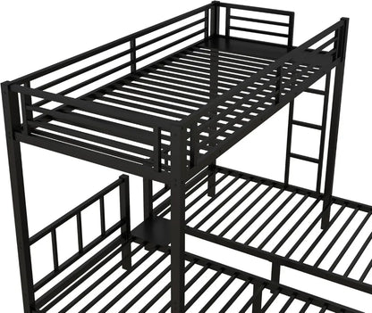 Twin Size Triple Bunk Bed for 3 Kids, Heavy Duty Metal Frame with Safety Fence, Space Saving Design, Black