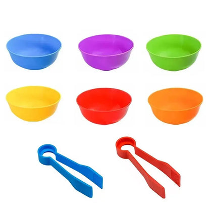 Rainbow Counting Set: Pom Poms Sorting Toys w/ Bowls & Tweezers for Kids, Fine Motor Skills Learning Montessori Math Toy