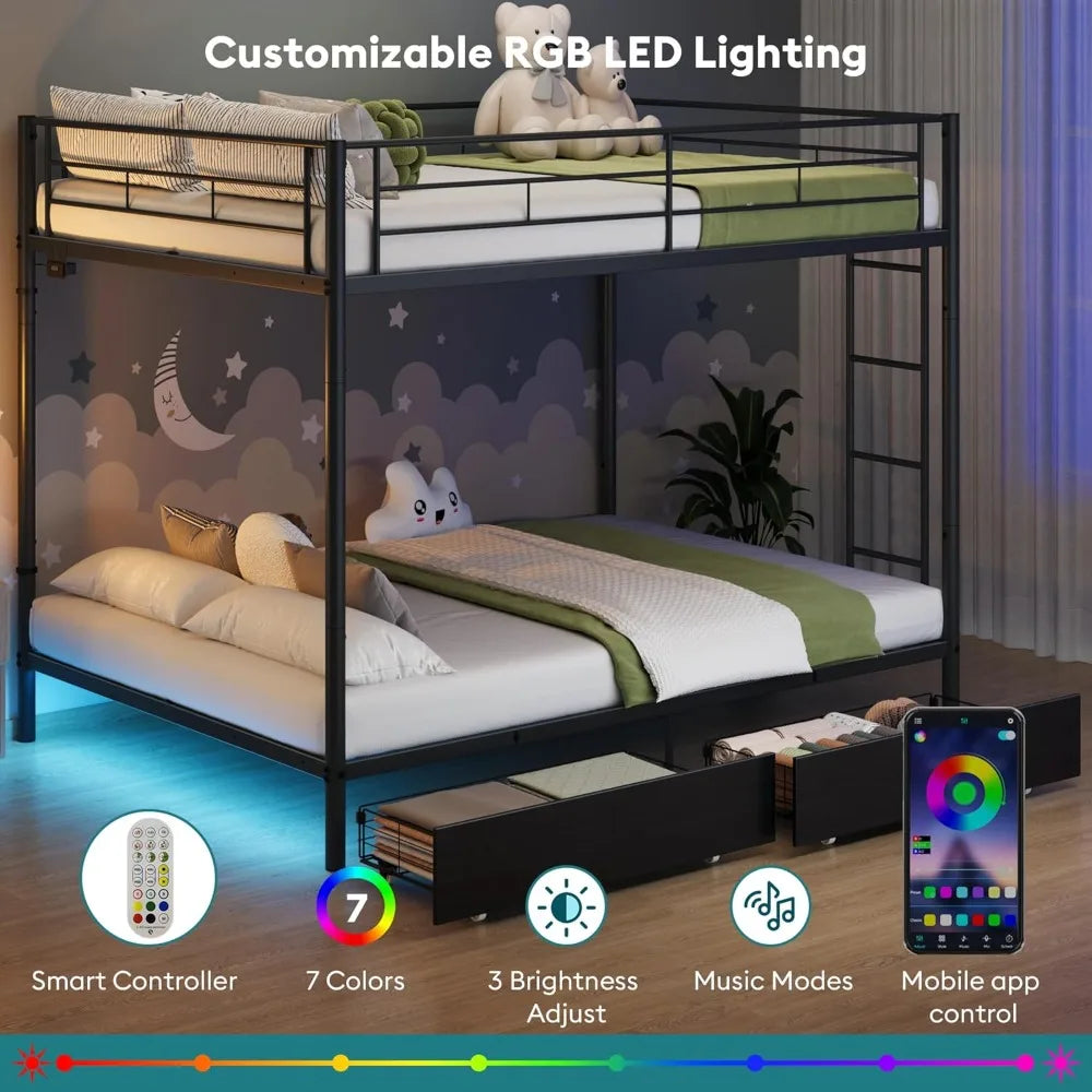 Twin Over Twin Metal Bunk Bed with LED Lights, USB Charging Station, 2 Drawers, Guard Rails & Ladder – No Box Spring Needed,