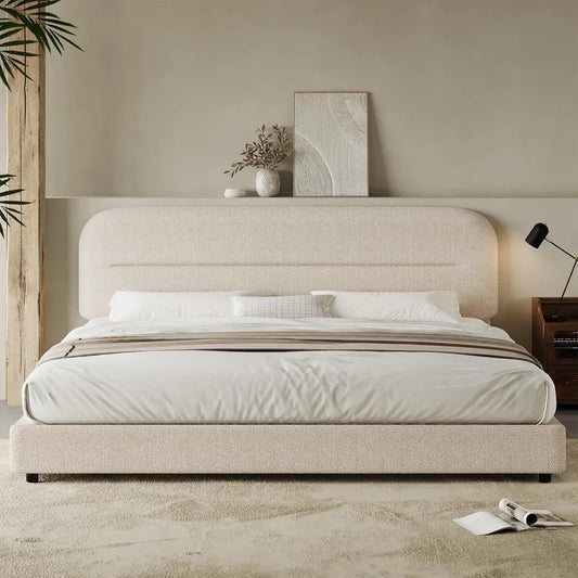 Boucle Bed Frame, Upholstered Cloud Bed Frame with Headboard, Soft Platform Bed Frame with Thickened Footboard, Rounded Corners