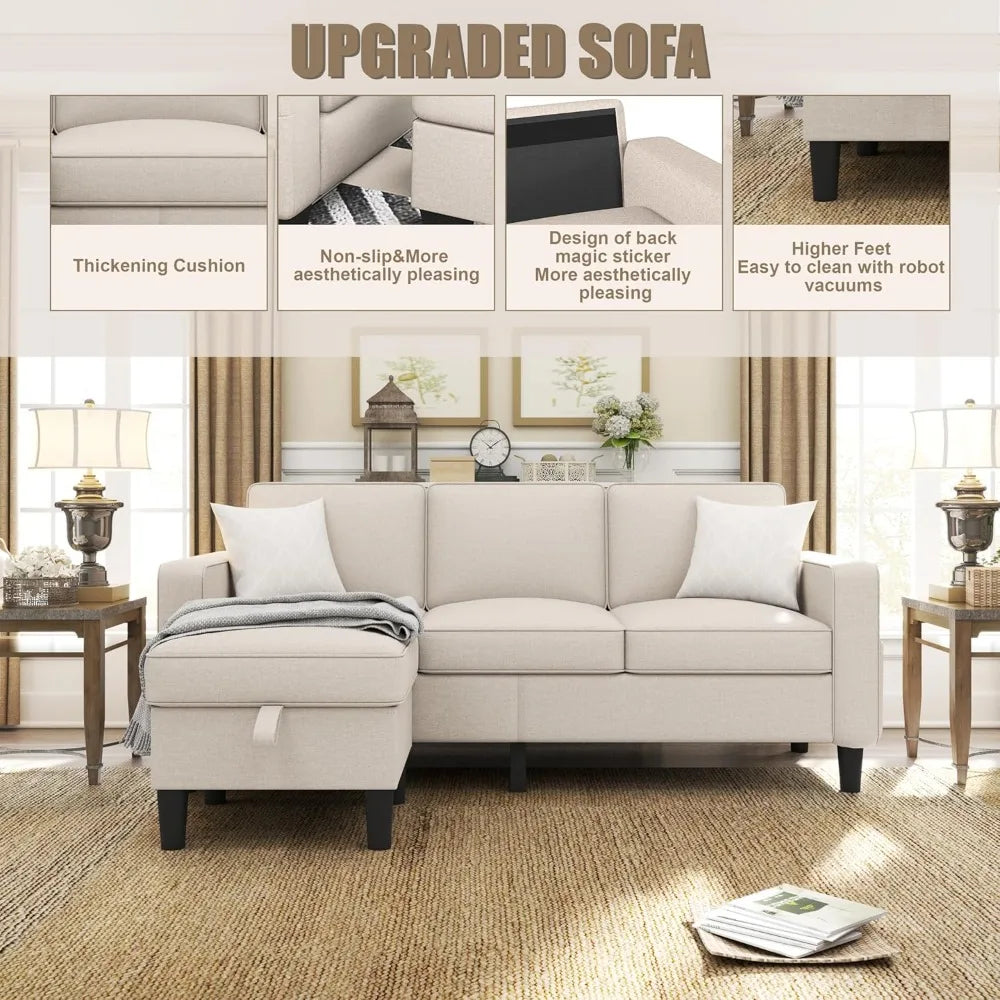 Couch for Living Room-78'' Beige Linen 3 Seat L-Shaped Sectional Sofa Couches with Storage Ottoman-Modern Small Space.Customized