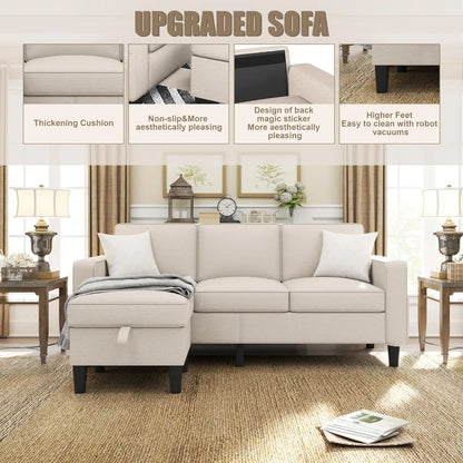 Couch for Living Room-78'' Beige Linen 3 Seat L-Shaped Sectional Sofa Couches with Storage Ottoman-Modern Small Space.Customized