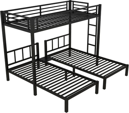 Twin Size Triple Bunk Bed for 3 Kids, Heavy Duty Metal Frame with Safety Fence, Space Saving Design, Black