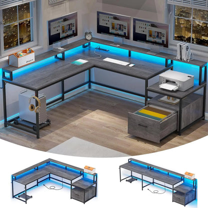 L-Shaped Gaming Desk with LED Lights, Power Outlet & Storage, 66" Home Office Corner Desk for Two Persons, Grey
