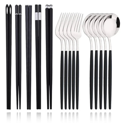 15-20Pcs Korean Dinnerware Set Black Silver Cutlery Set Chopsticks Knife Fork Spoon Stainless Steel Luxury Tableware Set
