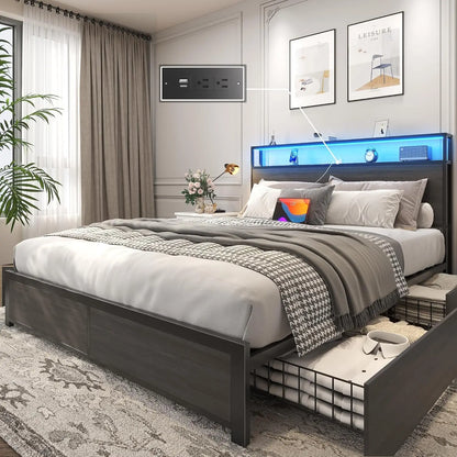 Queen Bed Frame with 2-Tier Storage Headboard, Metal Platform Bed Frame with 4 Storage Drawers, Built in Charging, Customized