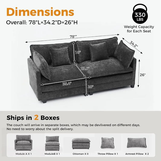 78" Modular Sectional Sofa, 2-Seater Chenille Couch with Spring & Foam Cushion, Removable Washable Covers, Easy Assembly