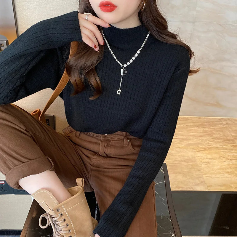 Turtleneck Winter Sweater Women Elegant Thicken Velvet Lined Warm Sueter Fleece Knitted Pullover Slim Top Jersey Jumper Knitwear