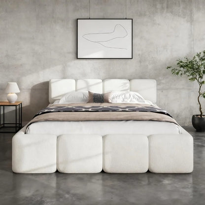 Queen Size Platform Bed, Boucle Thick Headboard and Footboard, Upholstery Grounded Beds, Block Style Grounded Beds Frame
