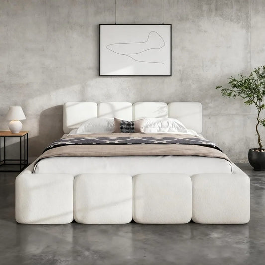 Queen Size Platform Bed, Boucle Thick Headboard and Footboard, Upholstery Grounded Beds, Block Style Grounded Beds Frame