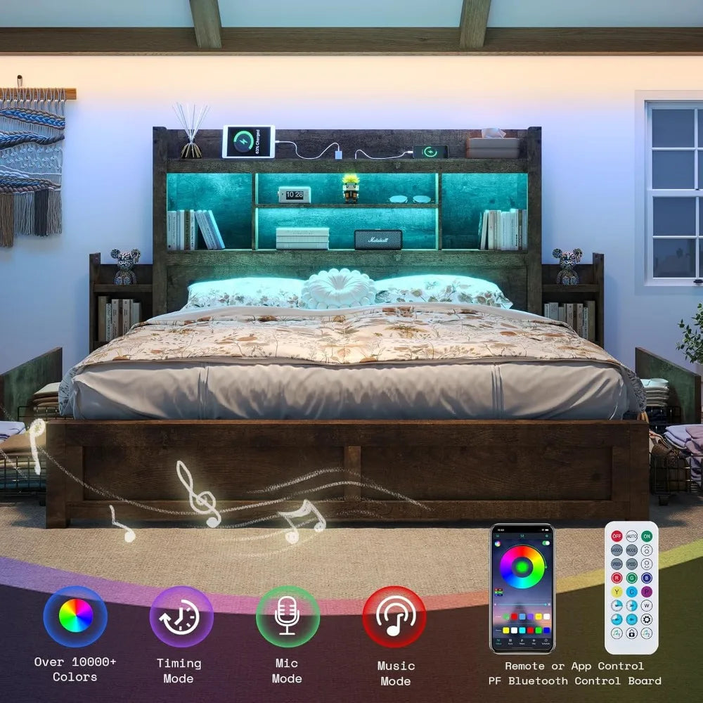King Bed Frame with 49.6 Bookcase Headboard & 2 Bedside Stoage Racks & 4 Drawers, Farmhouse Wood Bed Frame with RGB LED & Chargi