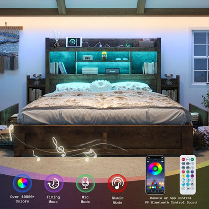 King Bed Frame with 49.6 Bookcase Headboard & 2 Bedside Stoage Racks & 4 Drawers, Farmhouse Wood Bed Frame with RGB LED & Chargi
