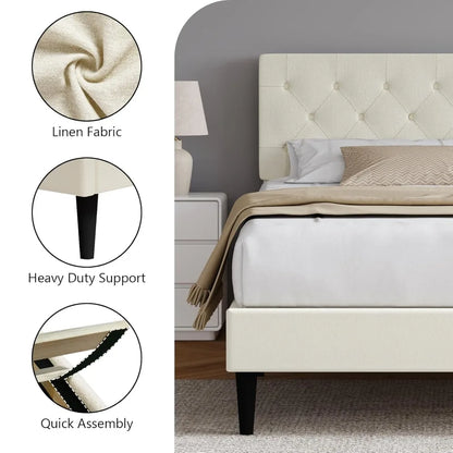 Bed Frame with Headboard, Linen Fabric Upholstered Platform Bed Frame, Button Tufted Bed Frame , Customized