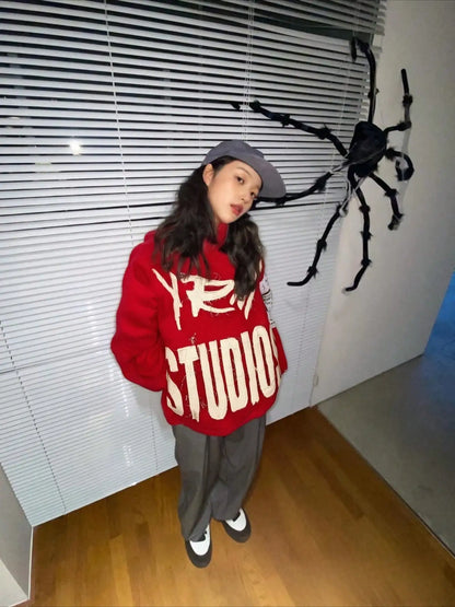 Oversized Hoodies with Embroidered Letters for Men. Y2K Street Hip-hop Style Red Hoodie Fall Jacket for Couples.