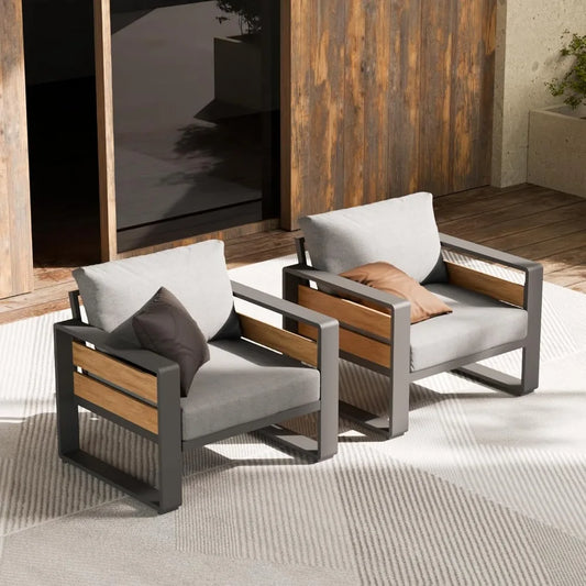 Aluminum Outdoor Patio Furniture - 2 Pcs Armchair, All-Weather Metal Modern Outside Furniture with Washable Thick Cushion