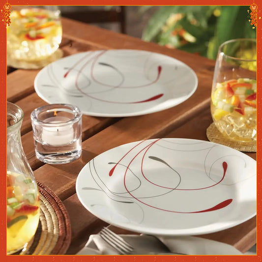 Classic White & Red Dinnerware Set, 12-Piece Ceramic Plates & Bowls. Dishwasher Safe, Service for 4, Modern Tableware.
