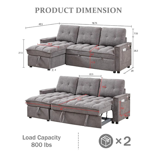 78.75" Sleeper Sofa Couch,Pull-Out Sofa Bed with USB and Tape-c Charging Ports, L-Shaped SectionalSofa , Customized