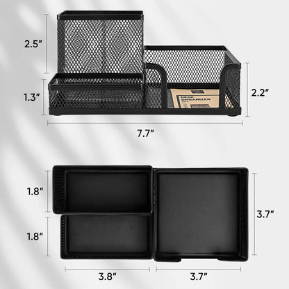 Black Mesh Desk Organizer - 3 Compartments with Pencil Holder & Storage Baskets, Tame Desktop Clutter Fast for Office Supplies