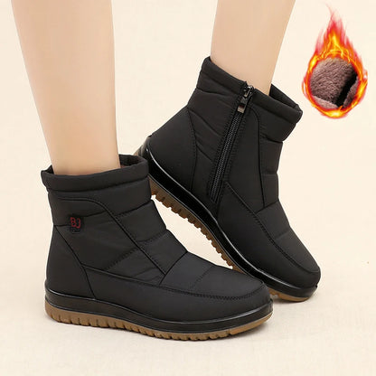 Women's Fleece-Lined Winter Boots with Slip-Resistant PU Sole Chunky Heel & Zipper Closure - Black Round Toe Casual Shoes for Co