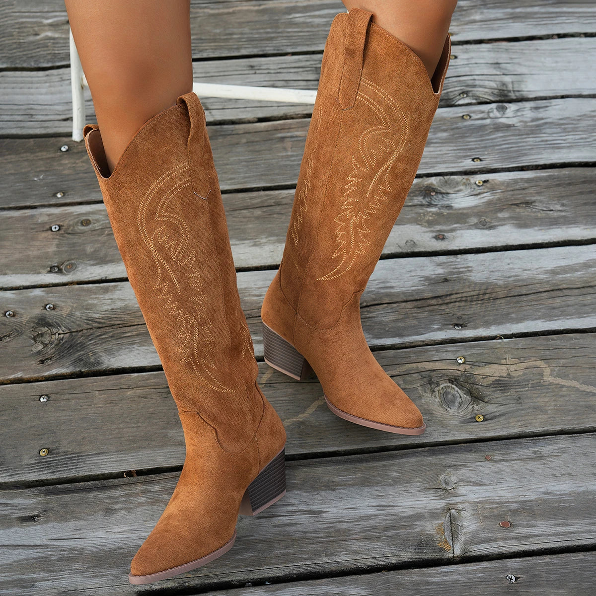 Women's fashion solid color pedal wedge heel versatile electric embroidery pattern high boot trend