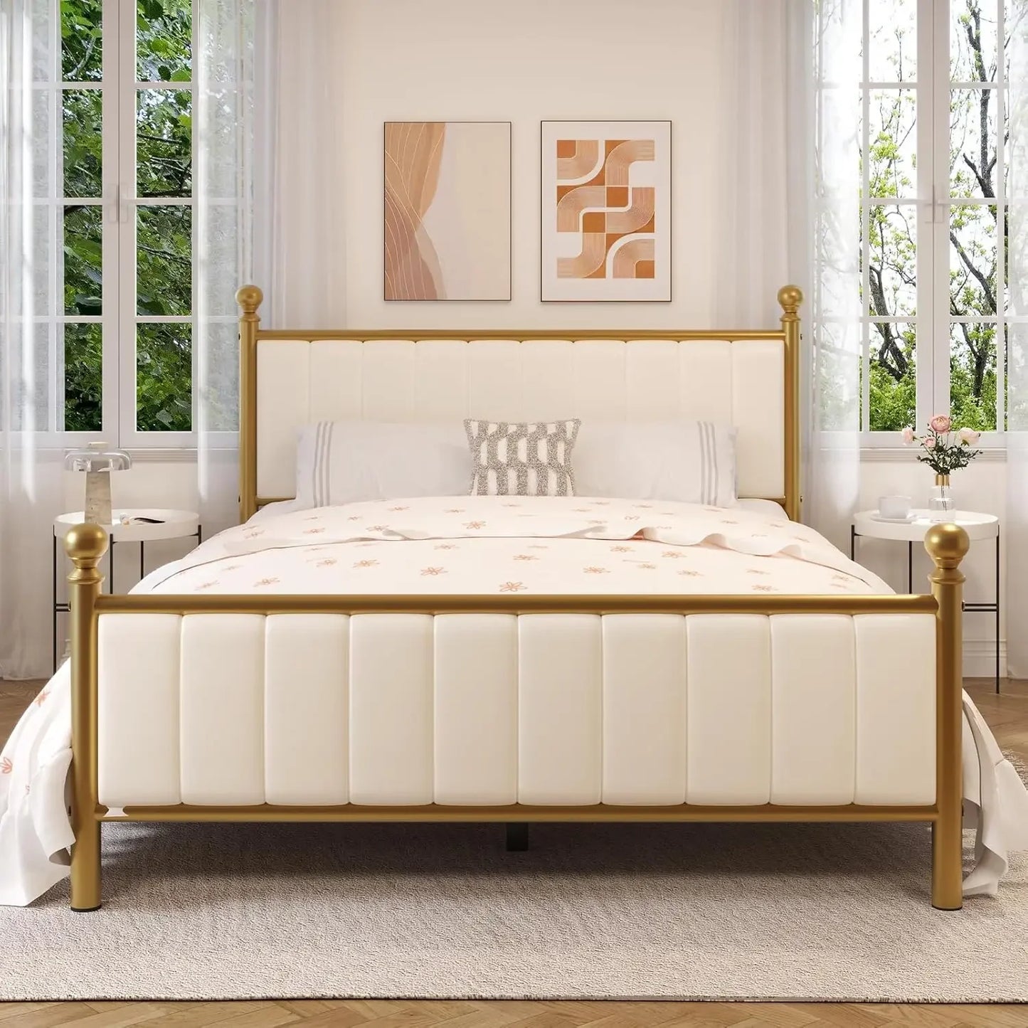 Bed Frame with Headboard, Upholstered Platform Metal Beds Frame Supported by Strong Metal Slats, No Box Spring Needed