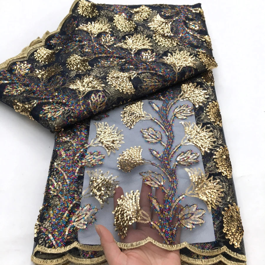 Black French Mesh Lace Fabric Sequins Flocking Bride Dress 2025 High Quality African Lace Fabric 5 Yards Nigerian Tulle Lace Sew