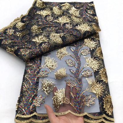 Black French Mesh Lace Fabric Sequins Flocking Bride Dress 2025 High Quality African Lace Fabric 5 Yards Nigerian Tulle Lace Sew