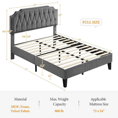 Bed Frame Velvet Upholstered Platform Bed with Curved Headboard, Height-Adjustable Headboard/Noise-Free/Wooden, Customized