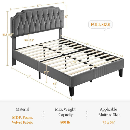 Bed Frame Velvet Upholstered Platform Bed with Curved Headboard, Height-Adjustable Headboard/Noise-Free/Wooden, Customized