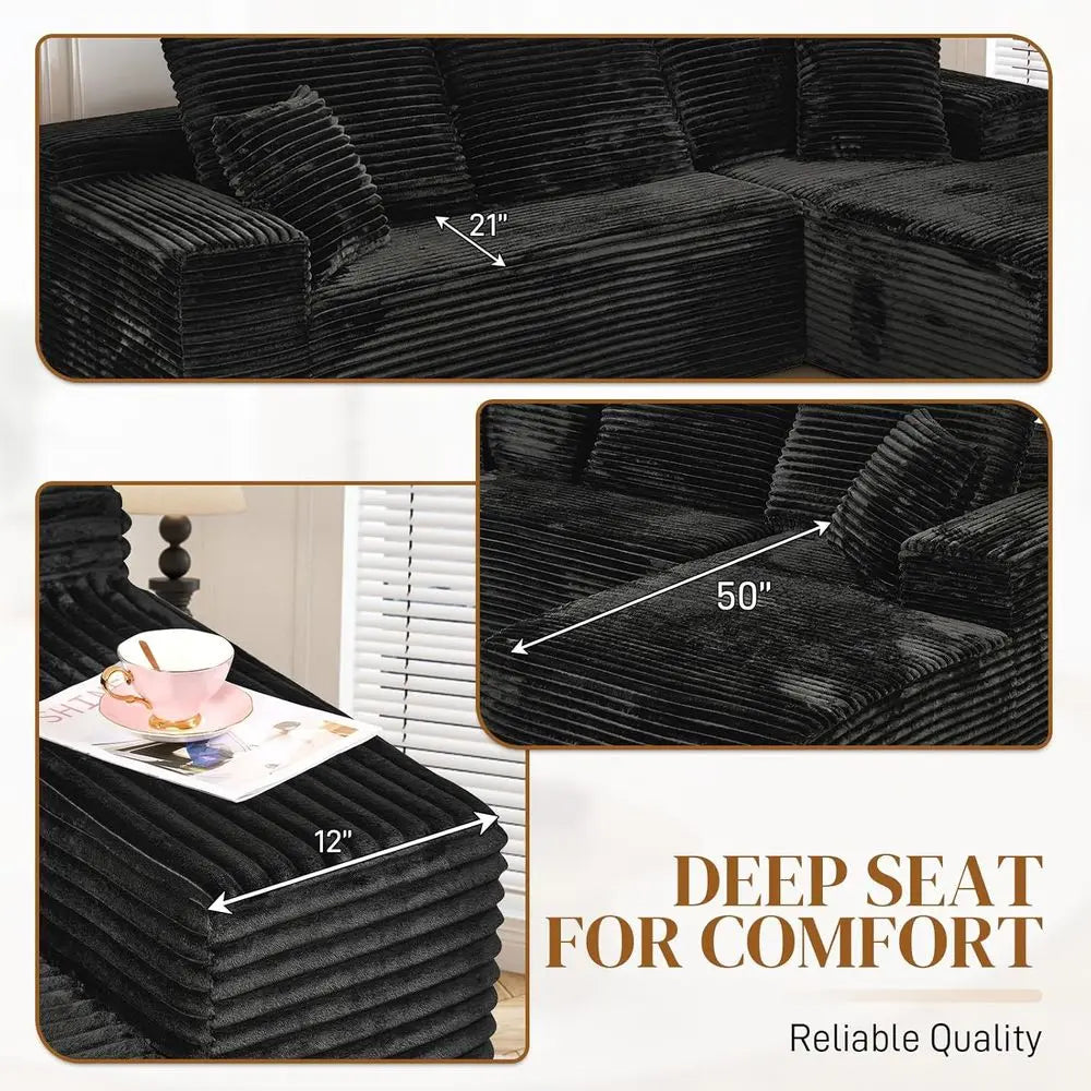 108" L Shaped Boneless Sectional Couches for Living Room, Comfy Corduroy Floor Cloud Sofa with Chaise, Wide Armrest, Deep Seat,