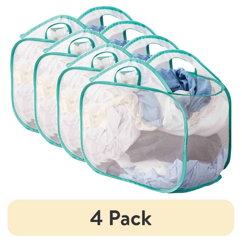 4 Pack Collapsible Pop Up Laundry Hamper Mesh Basket Ventilated Heavy Duty Carry Handles Storage Solution Clothes Toys Household