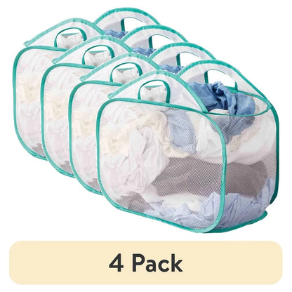 4 Pack Collapsible Pop Up Laundry Hamper Mesh Basket Ventilated Heavy Duty Carry Handles Storage Solution Clothes Toys Household