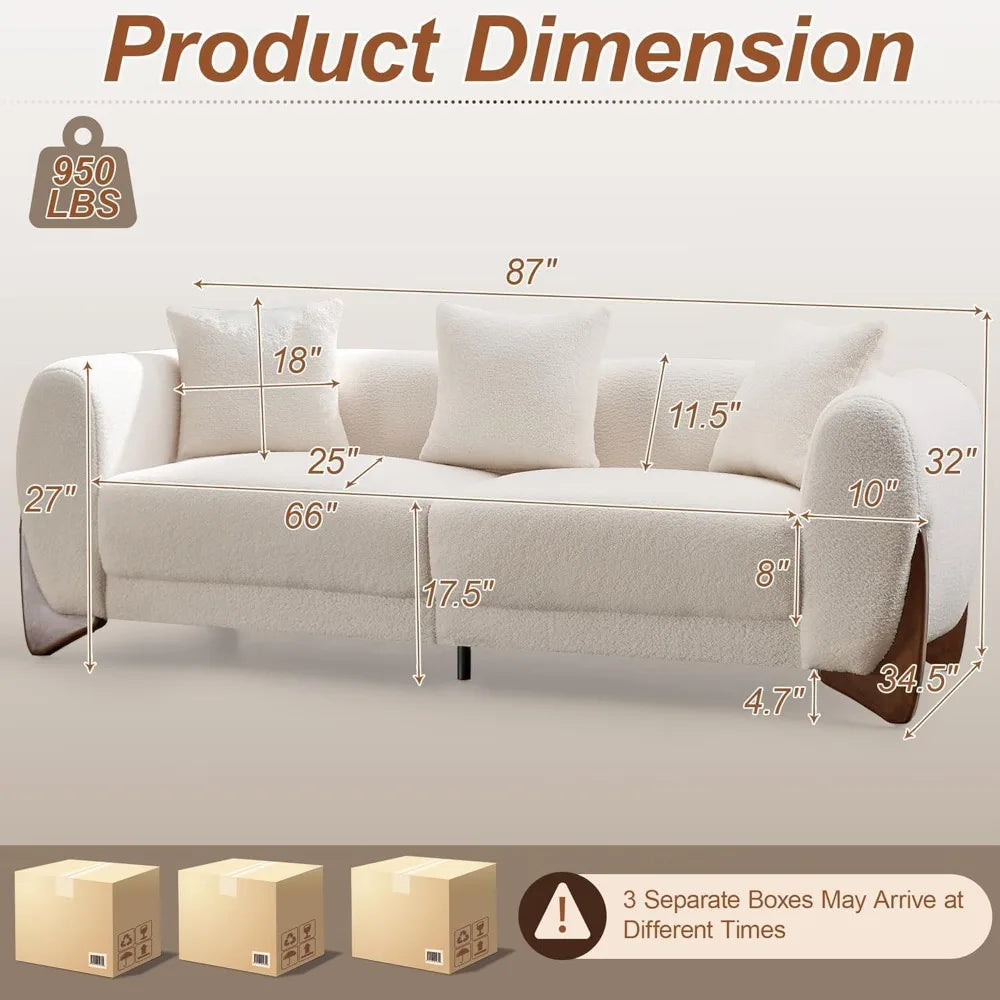87" Modern Cloud Couch with Solid Wood Legs, Deep Seat, Thick Cushion & Pillows for Living Room