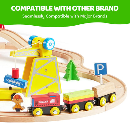 Joyfy 60 Pcs Kids Train Toys Wooden Tracks & 6 Magnetic Trains Expandable Train Set for Toddlers Birthday Christmas Gifts