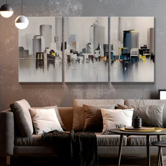 3 oil wall art - Modern New York print, colorful abstract cityscape of Brooklyn Bridge painting,1.5 inch thick wood frame