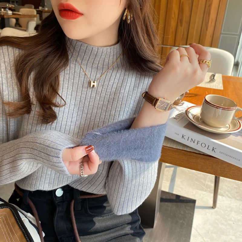 Turtleneck Winter Sweater Women Elegant Thicken Velvet Lined Warm Sueter Fleece Knitted Pullover Slim Top Jersey Jumper Knitwear