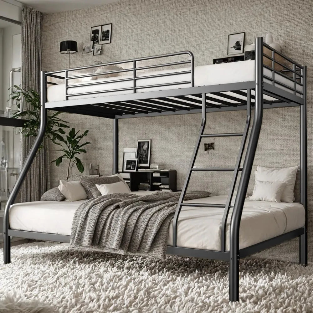 DHYL Bunk Beds Twin Over Full Size, Heavy Duty Metal Bunk Bed Frame for Adults, Space-Saving & No Box Spring Needed, Black