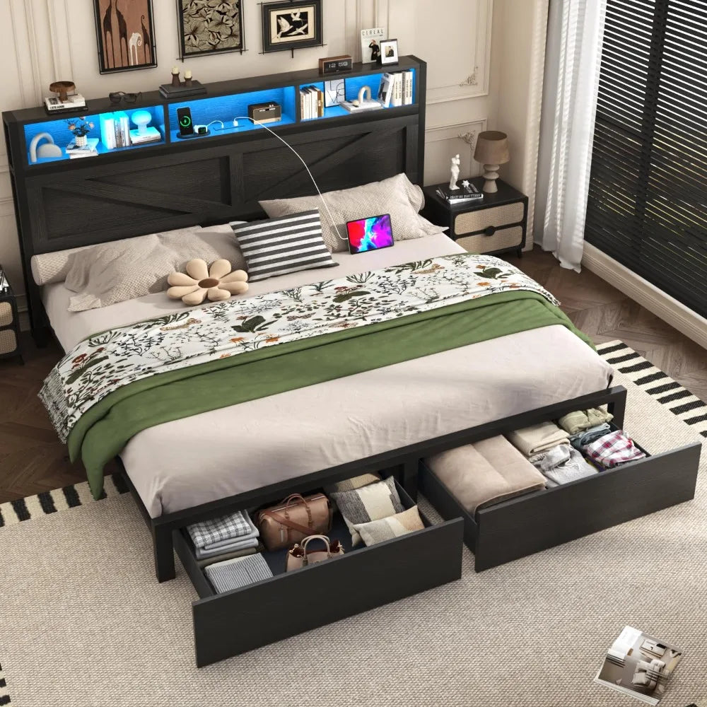 Farmhouse King Bed Frame with Bookcase Storage Headboard, Charging Station, LED Light and 2 Storage Drawers, Noise, Customized