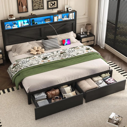 Farmhouse King Bed Frame with Bookcase Storage Headboard, Charging Station, LED Light and 2 Storage Drawers, Noise, Customized