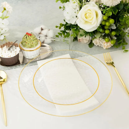 100Pcs Clear Gold Plastic Plates 7 Inch Hammered Disposable Heavy Duty Dessert Plates with Gold Rim Round Salad Plates for Wedd