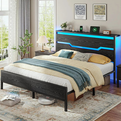 Bed Frame with Headboard,Bed Frame Queen Size with LED Lights & Charging Station & 13" Under Bed Storage, All-Metal Support
