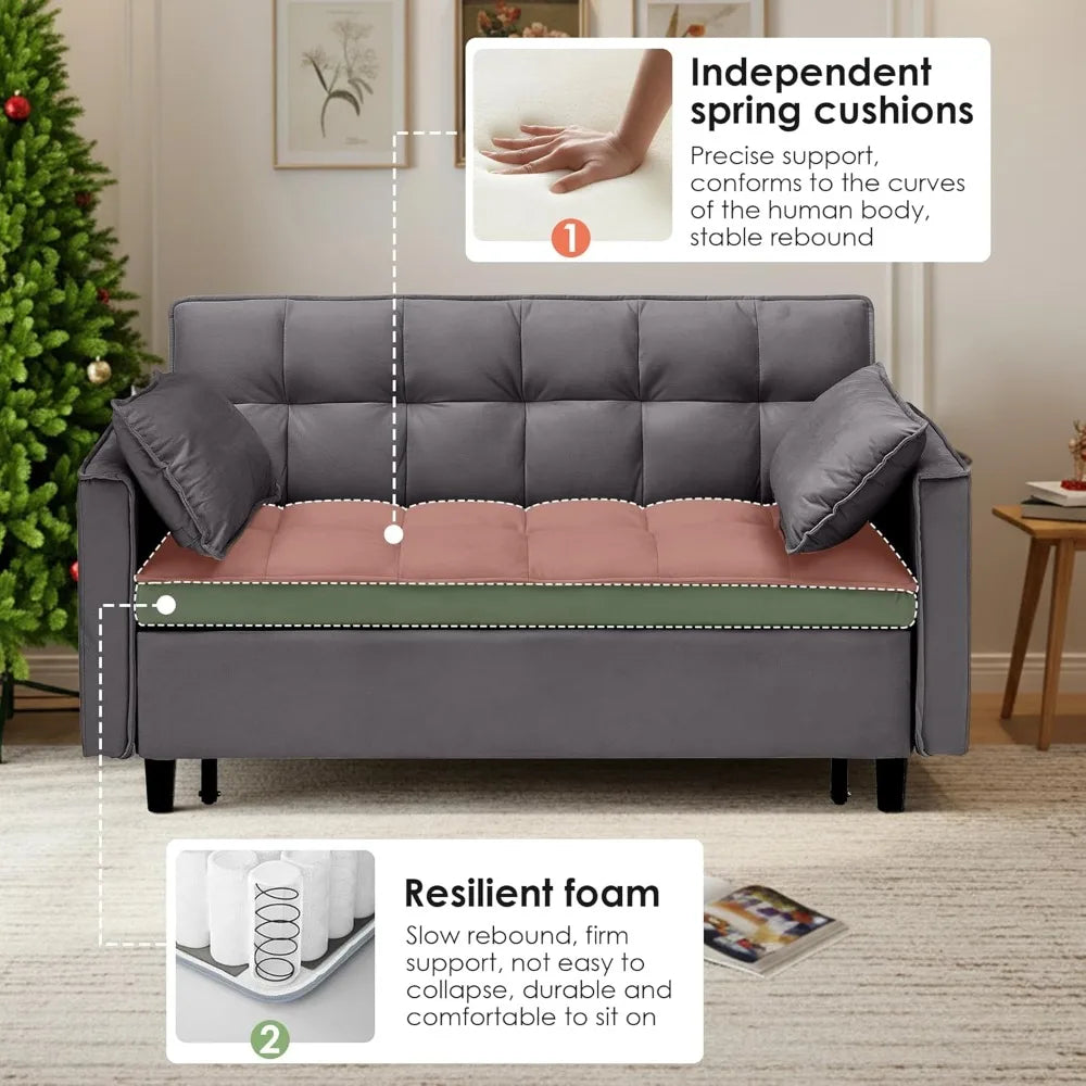 Convertible Sleeper Sofa Bed, 54'' Loveseat with Adjustable Backrest, Velvet Fabric, Pull Out Couch for Living Room