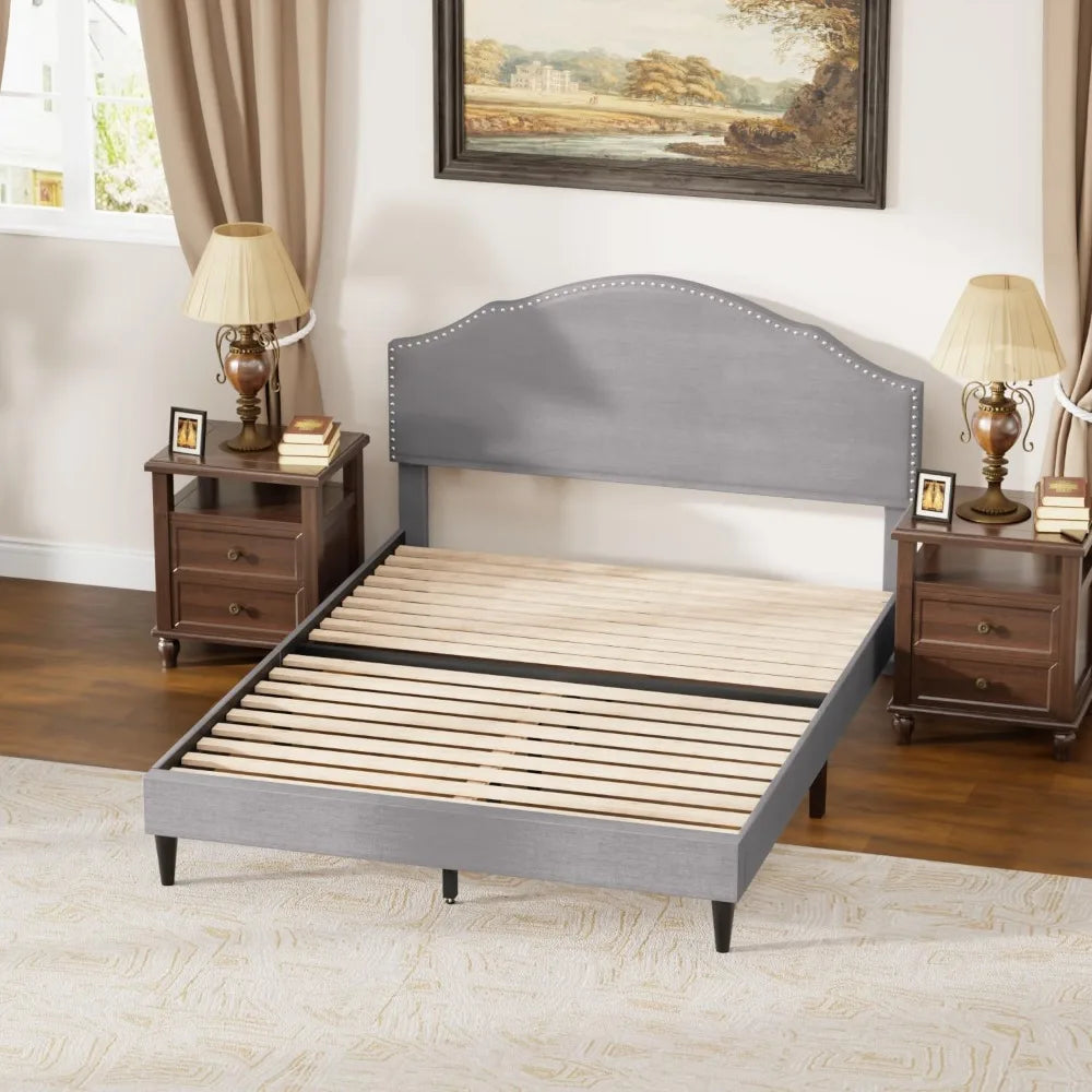 Full Platform Bed Frame with Fabric Headboard and Wooden Slats Support, Fully Upholstered No Box Spring