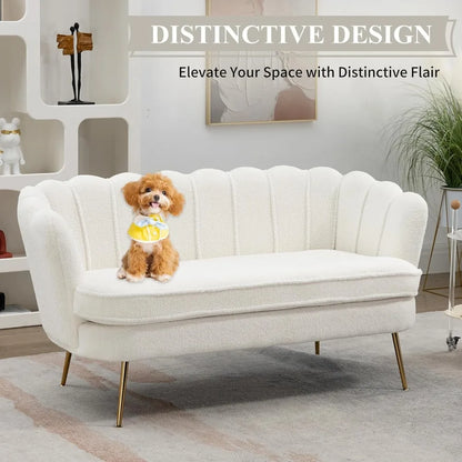 59" Wide Loveseat Sofa, Boucle Upholstered Small Couch with Petal Design, Modern Leisure Sofa with Gold Metal Legs