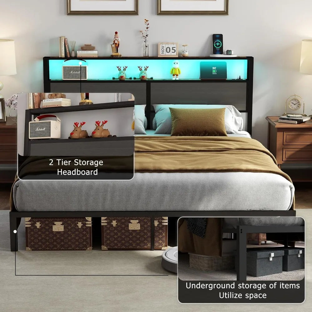 King Size Bed Frame with Headboard, Metal Platform Bed Frame with LED Lights & Charging Station, Under Bed Storage, Solid and St