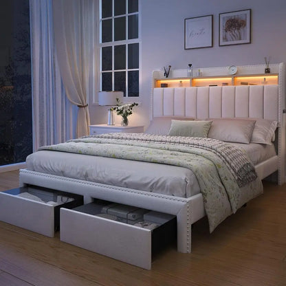 Modern Platform Bed with Upholstered Wingback Headboard, 2 Drawers, Channel Tufted, No Box Spring Needed Customized