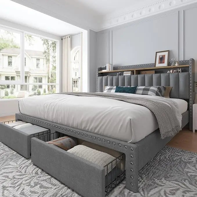 Queen Size Bed Frame, Upholstered Queen Bed Frame with 2 Storage Drawers and 2-Tier Headboard, Vertical Tufted Headboard