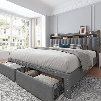 Queen Size Bed Frame, Upholstered Queen Bed Frame with 2 Storage Drawers and 2-Tier Headboard, Vertical Tufted Headboard
