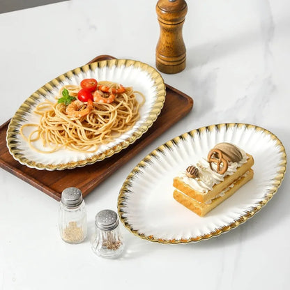 Ceramic Oval Serving Platters 12 Inch Porcelain White Dinner Plates with Gold Trim for Party Entertaining Ideal for Serving San